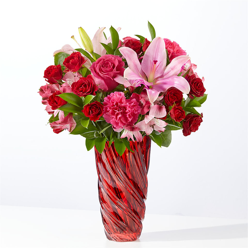 In Love Bouquet with Luxe Swirl Vase – Heavenly Flowers, San Bernardino CA