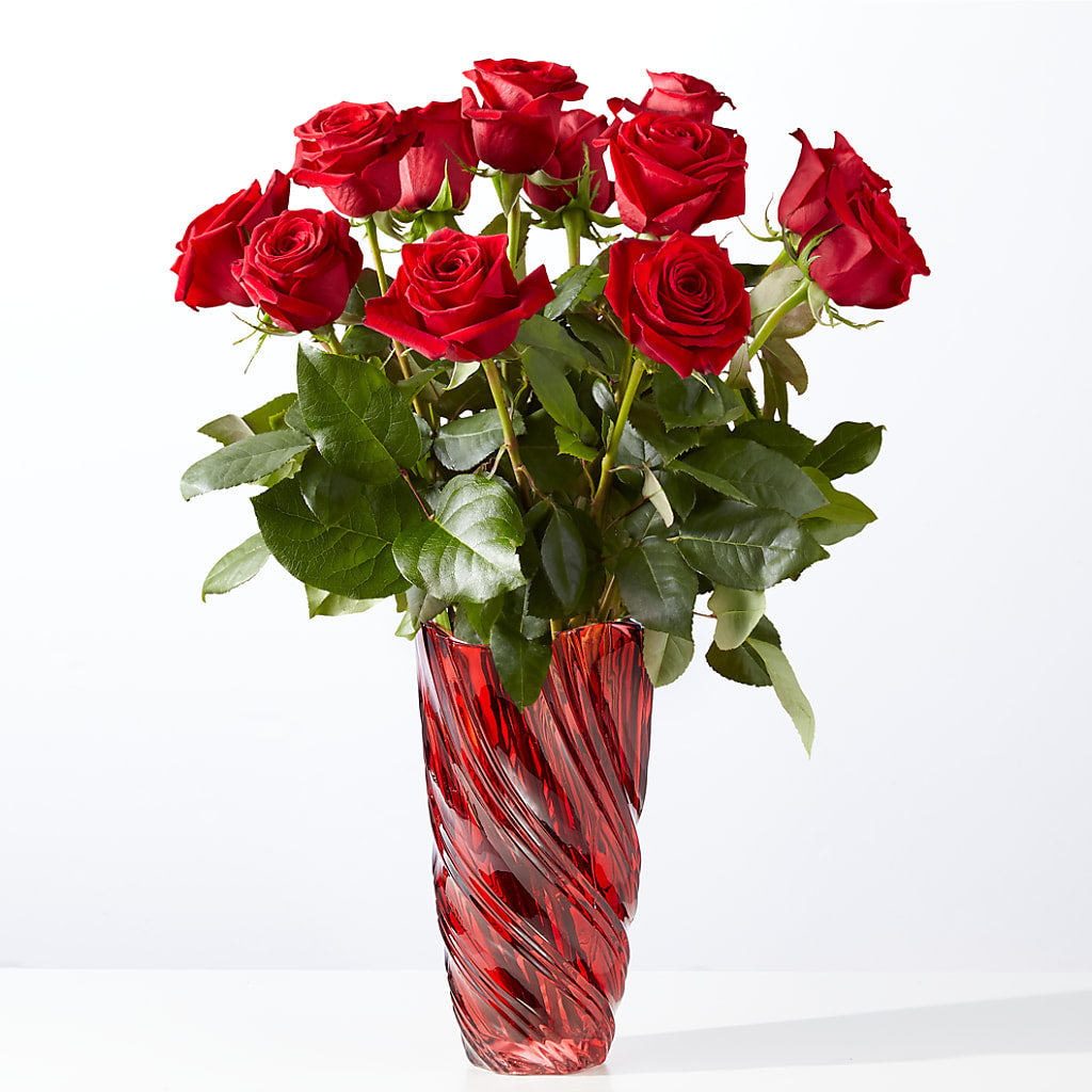 Classic Love Red Rose Bouquet with Luxe Swirl Vase – Heavenly Flowers, San Bernardino CA